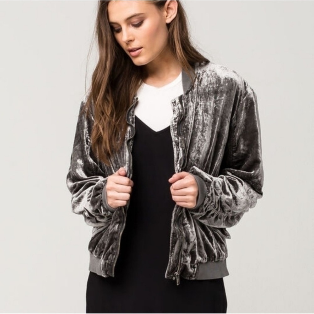 Free People Gray Velour Zip Up Jacket Medium